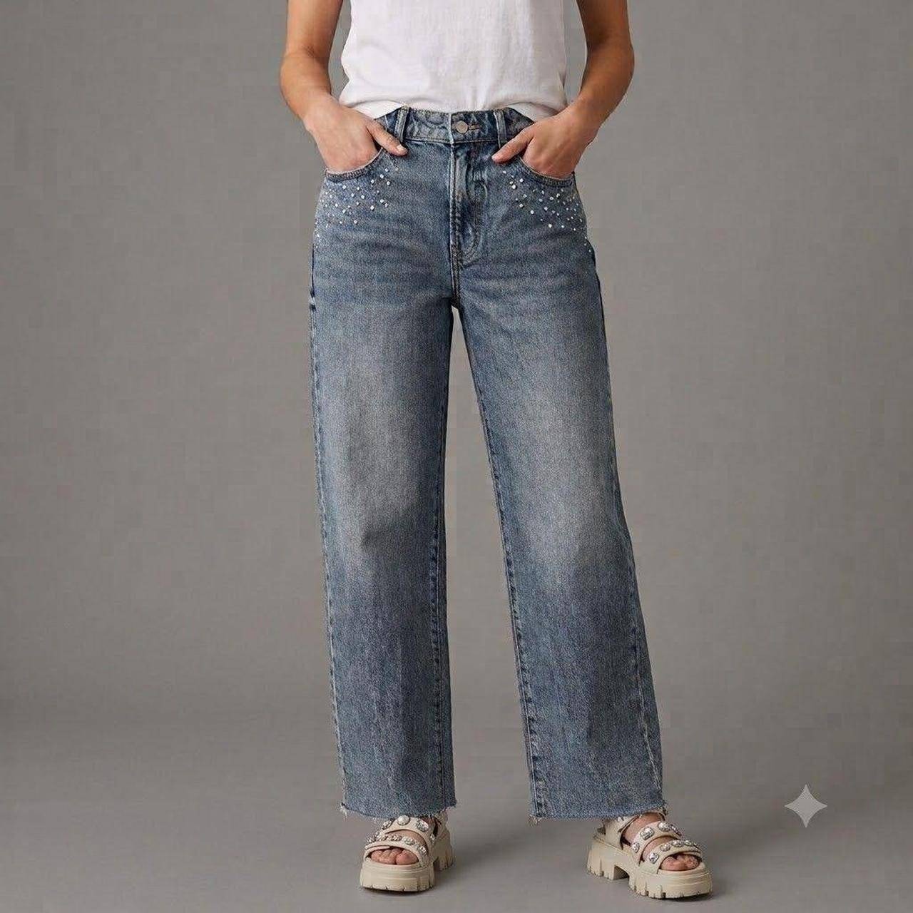 Lucky Brand The Baggy High Rise Wide Leg Raw Hem Studded Jeans Womens 6 28r